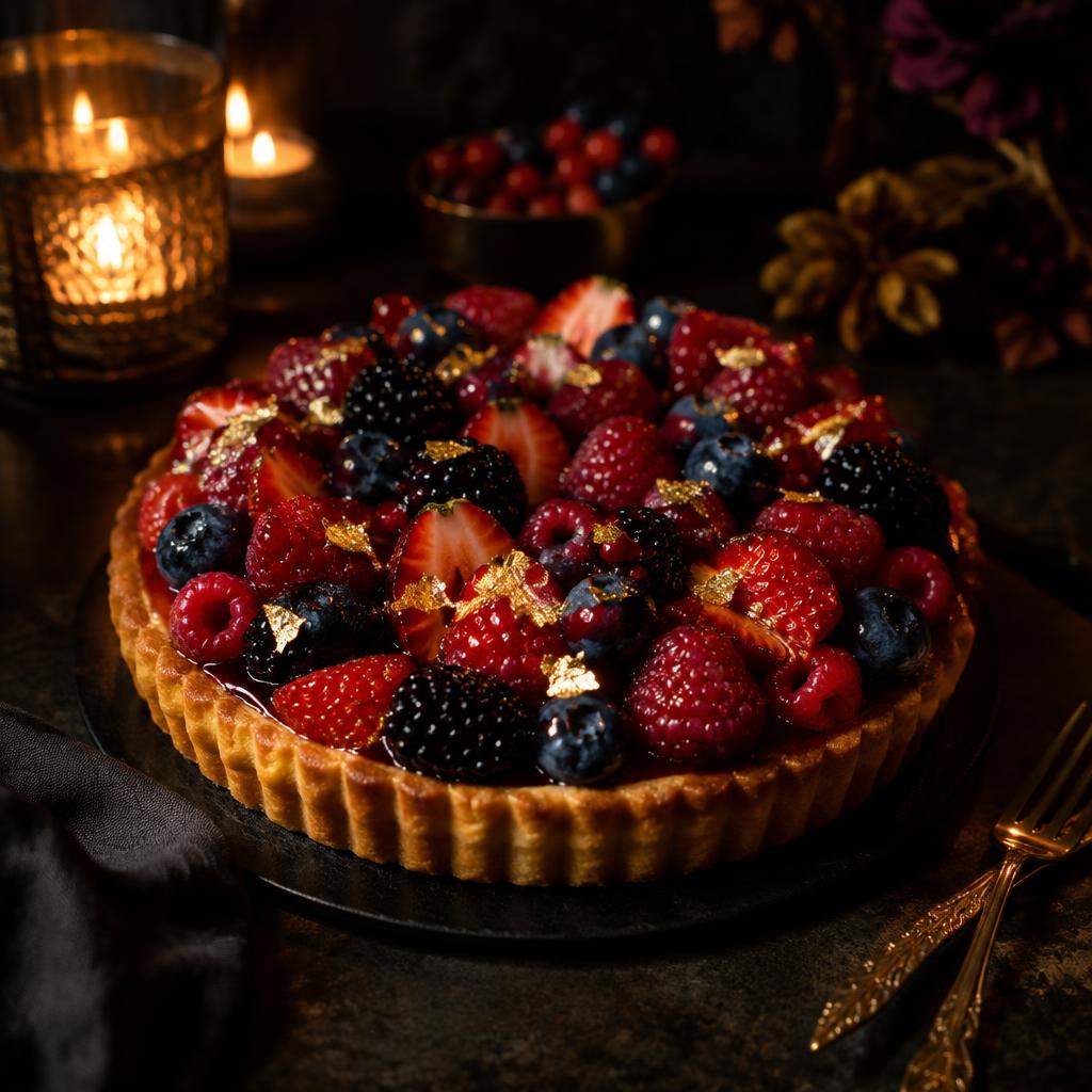 Berry tart finished with gold leaf