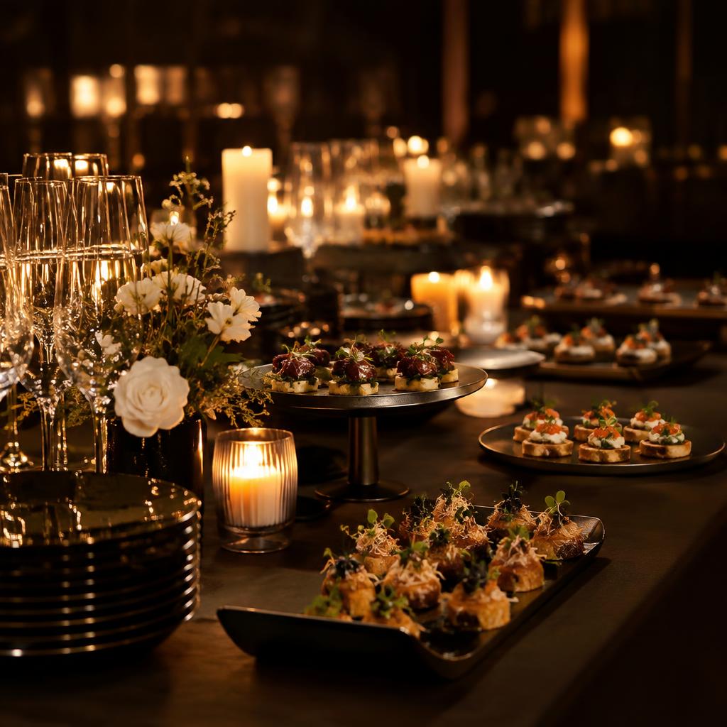 Catering table with plated appetizers and candlelight