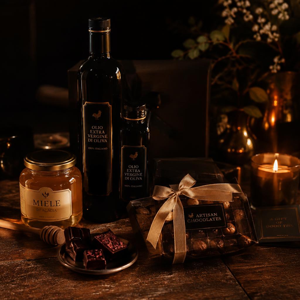 Olive oils, honey and artisan chocolates wrapped as gifts